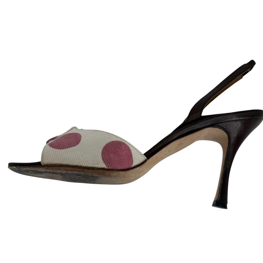 Vintage Manolo Blahnik Polka Dot Slingback Heels Canvas Brown Pink 38.5 Pinup - Picture 13 of 13